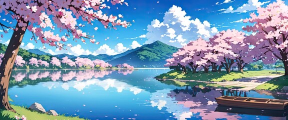 Beautiful lake with cherry blossoms in full bloom. Anime art style. Tranquility of natural scenery - obrazy, fototapety, plakaty