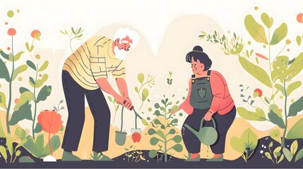 Elderly couple gardening together, symbolizing growth, nurturing, and companionship. Concept of active and shared hobbies in retirement.