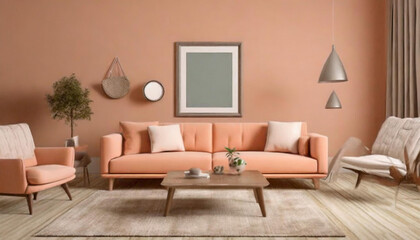 Fototapeta na wymiar Minimal living room with wooden coffee table near sofa close-up and frame photo. Interior in trendy peach colors