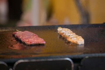 Japanese Kobe Wagyu beef at a food stall at the Tsukiji Outer Market in the city of Tokyo, Japan.
