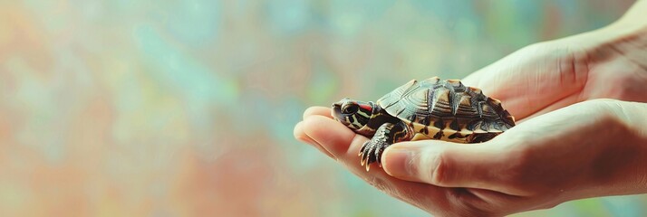 Profile view of human hand holding baby flatback sea turtle on light background, empty space, panoramic. World Aquatic Animal Day.