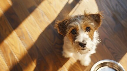 Top view portrait of cute dog begging for food looking
