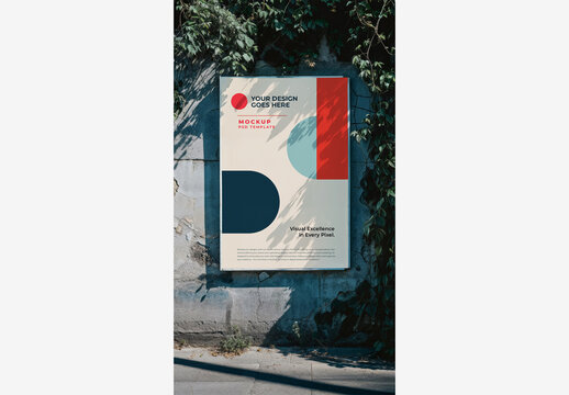 Outside Street Poster Mockup: White Sign on Wall with Tree Shadow, Street Sign, and Sidewalk - Stock Photo