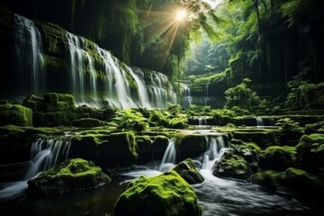 Breathtaking long exposure shot of enormous and majestic waterfall in the heart of the jungle