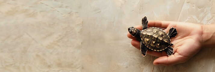 Profile view of human hand holding baby flatback sea turtle on light background, empty space,...