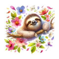 Obraz premium Adorable Sloth Surrounded by Blossoming Flowers. Watercolor Clipart