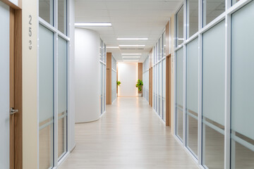 Empty modern office bright corridor with glass wall. Long white modern office hallway. No businesspeople. Many glass wall and doors. White bright empty workplace corridor background. Ornamented. - Powered by Adobe