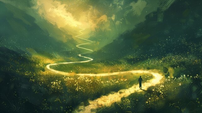 A landscape with silhouettes of different paths merging into one, representing the idea that despite diverse journeys, everyone can come together for a common purpose