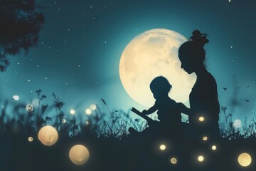 Fototapeta premium A child reads a handwritten poem to their mother under a moonlit sky, fireflies twinkling like stars and whispers of love