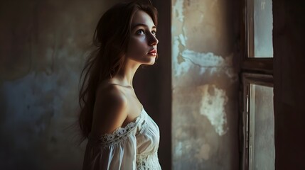 Fototapeta premium Beautiful woman in a white dress, fashion portrait. indoor ambient light