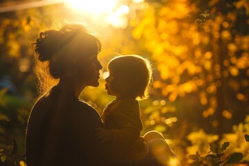 A child sits on their mother's lap, intently listening to a story as sunlight filters through the leaves outside