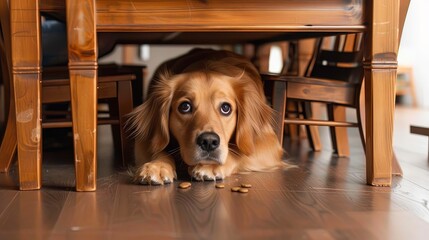 Portrait of scared dog hiding under chair looking worried