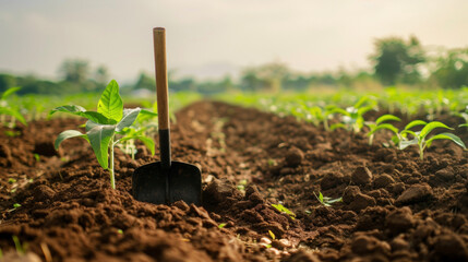 The tip of a shovel digs into the ground turning over rich fertile soil ready for planting. In the distance rows of healthy thriving crops can be seen a result of the continuous