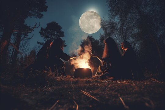 A coven of witches gather around a bubbling cauldron, chanting under the pale moonlight.