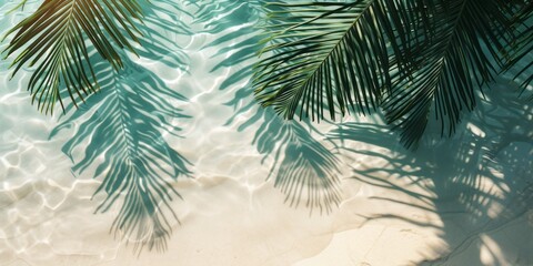 Green palm leafs on white sand beach, top view, flat lay. Sunlight with shadow as background. Tropical, travel concept.