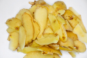 Close up potato skin with white background.