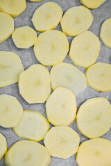 Potato slices in the oven baking.
