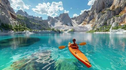 young person kayaking in crystal lake on a summer day enjoying hobby and vacation - obrazy, fototapety, plakaty