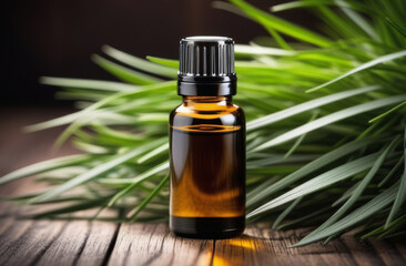 Cosmetic amber glass bottle with rooten Essential oil from Vetiver. Alternative aromatherapy. Natural and vegan ingredients in cosmetic and medicine
