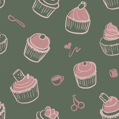 Hand drawn cupcakes vintage style seamless pattern 