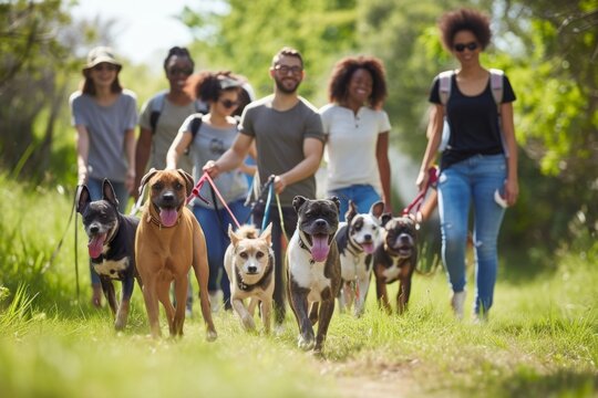 A diverse group of volunteers walking rescued dogs together, highlighting the importance of animal shelters and community involvement.