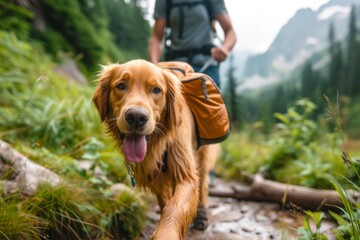 A dog wearing a backpack, leading its owner on a hike through a scenic mountain trail