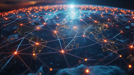 A geometric representation of a world map with interconnected lines and nodes depicting the global reach of online banking and mobile payment platforms. At the center a bright