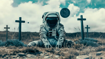 Exhausted astronaut near three graves with crosses on an unfriendly planet planet. Colonization concept