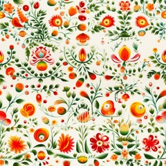 pattern with images of flowers, leaves, birds and animals from the forest