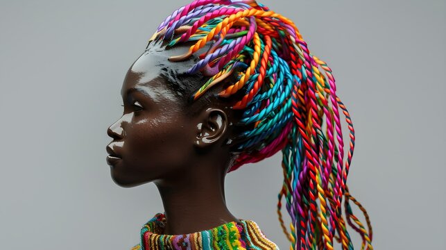 A woman with a colorful braided head. 