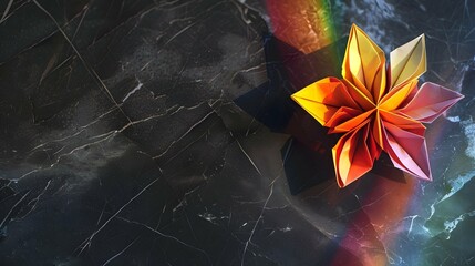 A vibrant flower origami on black marble with rainbow