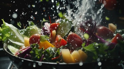 A dynamic action shot of fresh organic vegetables being tossed in a salad bowl