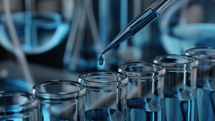 Various glass chemical laboratory equipment with black blue shades in chemistry lab, 3d render