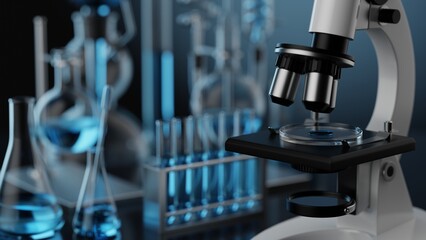 Various glass chemical laboratory equipment with black blue shades in chemistry lab, 3d render