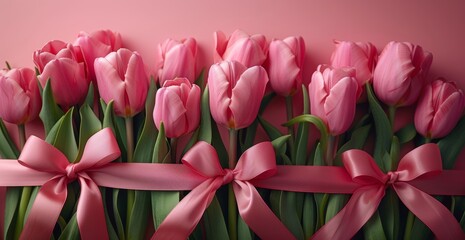Fototapeta premium Pink tulips tied with a ribbon against a pink background