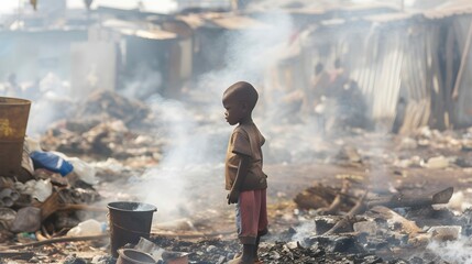 A poor little boy stands in a smoking dump on the outskirts of a slum. Poverty and hunger concept. Help hungry children.  © PSCL RDL