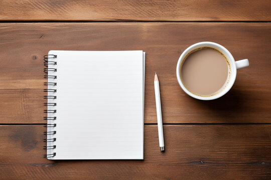 Top view of blank notebook on wooden table with coffee cup
