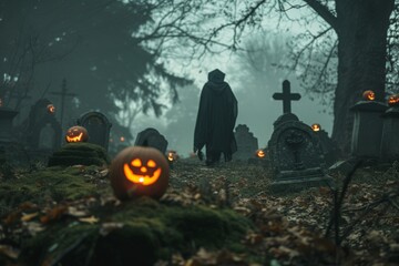 A lone figure in a tattered cloak walks through a fog-shrouded cemetery on Halloween night, their destination unknown.