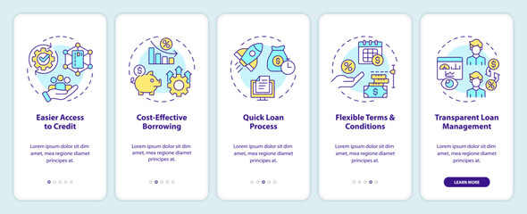 P2P for borrowers onboarding mobile app screen. Lending advantages walkthrough 5 steps editable graphic instructions with linear concepts. UI, UX, GUI template. Myriad Pro-Bold, Regular fonts used