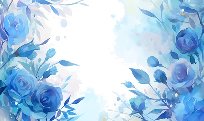 Fotobehang blue flower rose frame watercolor background, Generative AI  © simba kim