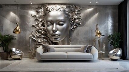 contemporary living room, sofa, couch, woman face sculpture,  - obrazy, fototapety, plakaty