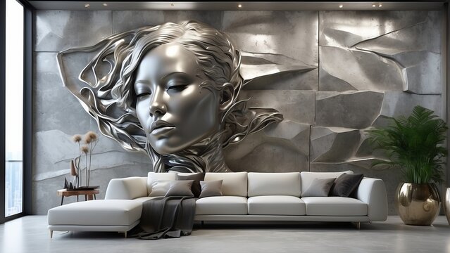 contemporary living room, sofa, couch, woman face sculpture, 