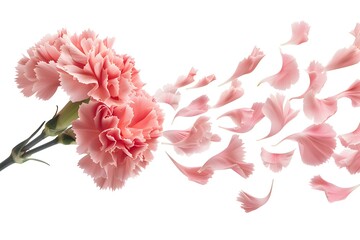 Pink carnation flower and petals floating in the air isolated on white. Concept Floral Still Life, Floating Petals, Pink Carnation, Isolated White Background - Powered by Adobe