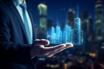 Hologram modern buildings on businessman hands with modern city building background - obrazy, fototapety, plakaty