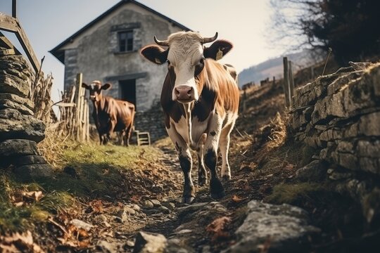 cute cow walks along a village street
