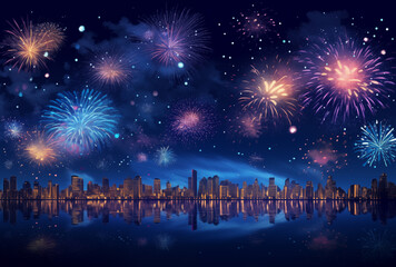 City night sky fireworks background,created with Generative AI tecnology.
