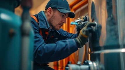 Professional Caucasian Plumber Repairing Tank Water Heater in Boiler Room of Commercial Building. Heating Equipment Maintenance Theme