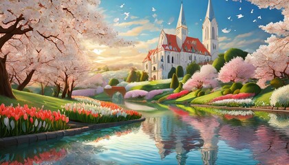 Fantazyjny, kolorowy krajobraz z rzeką, kwitnącymi drzewami i kościołem