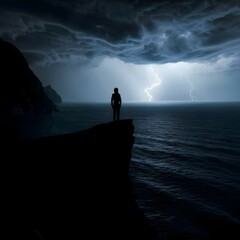A lone figure standing atop a cliff overlooking a stormy sea, their silhouette illuminated by flashes of lightning as they contemplate the tumultuous journey ahead