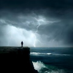 A lone figure standing atop a cliff overlooking a stormy sea, their silhouette illuminated by flashes of lightning as they contemplate the tumultuous journey ahead